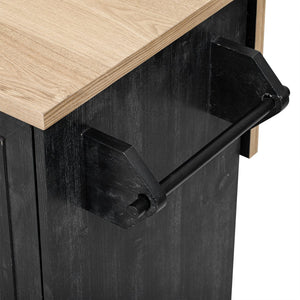 English Elm K&K Farmhouse Kitchen Island with Geometric Twill Doors, ASH Bark Top, Drop Leaf & Lockable Wheels Black N707P221444B