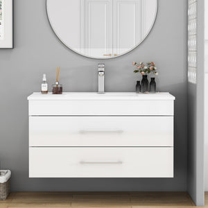 English Elm 36-Inch Modern Wall-Mounted Bathroom Vanity With Soft-Close Drawers & Glossy White Ceramic Sink W3151S00050