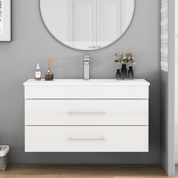 English Elm 36-Inch Modern Wall-Mounted Bathroom Vanity With Soft-Close Drawers & Glossy White Ceramic Sink W3151S00050