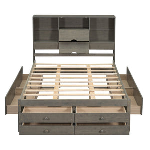 English Elm Queen Platform Bed Solid Pine Frame with Storage Headboard and Eight Organizer Drawers Gray GX000453AAE-1