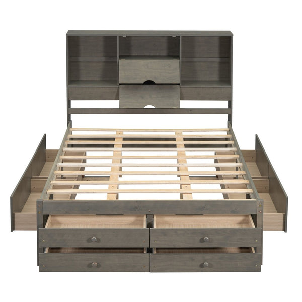 English Elm Queen Platform Bed Solid Pine Frame with Storage Headboard and Eight Organizer Drawers Gray GX000453AAE-1