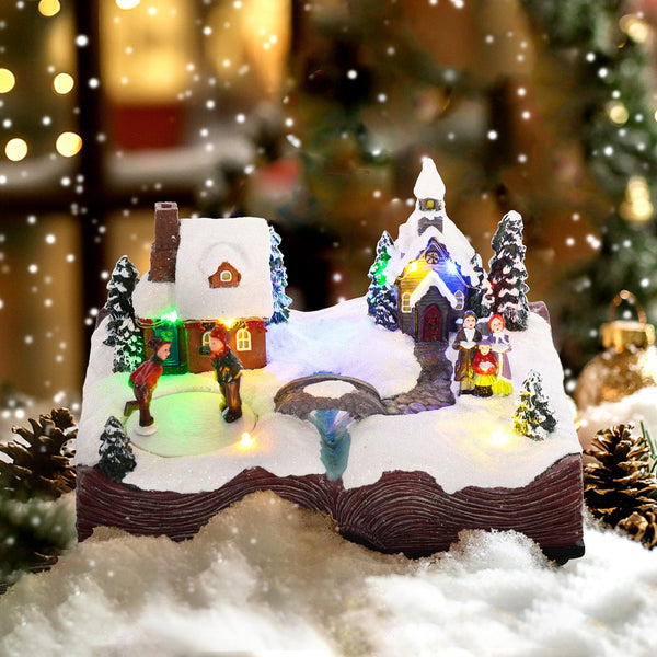 English Elm Homcom Illuminated Musical Christmas Village With Led Lights, Skaters & Open Bible Base Decor W2225P249704