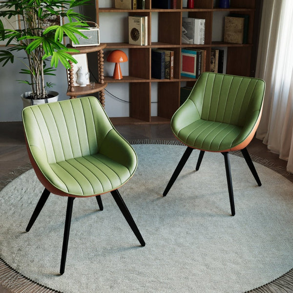 English Elm A Set of 2 Mid-century Pu Leather Dining Chairs with Ergonomic Back and Metal Legs Green W2189P196218
