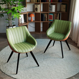 English Elm 29.53 Inch Round Mdf Dining Set with Storage Base Pu Chairs and Black Metal Legs Green,Walnut W2189S00844