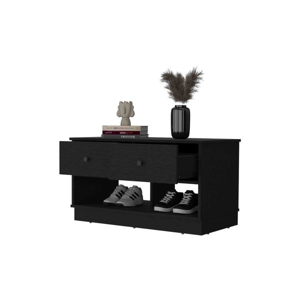 English Elm Tulip Light Oak Storage Bench with Two Drawers and Shelves — Modern Ergonomic Accent for Living Room Black 40 L x 22 W x 5 H B128P148982
