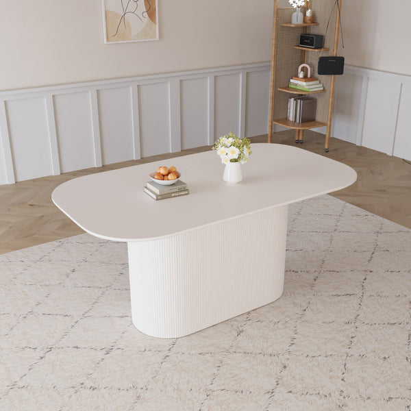 English Elm 63 Elegant MDF Dining Table with Carved Round Legs, Stain‑Resistant Surface, Seats 4‑8, Modern Appeal Cream W2189S00650