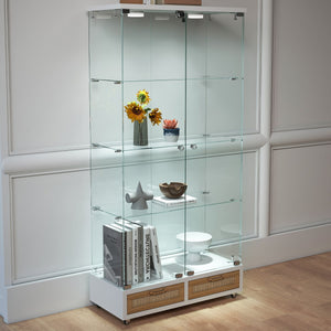 English Elm Modern Glass Display Cabinet With Led Lighting, Lockable Drawers, And Adjustable Shelves For Home Décor W241S00059