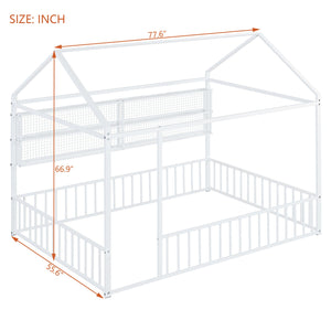 English Elm Full Metal House Bed Frame Full Size with Built-In Fence and 4 Grid Shelves for Durable Storage and Style White N737P175361K