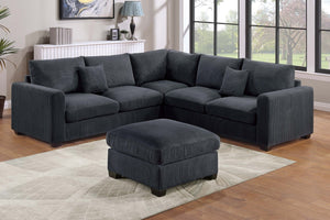 English Elm 4pc Corduroy Sectional Sofa Set with Ottoman Corner Wedge and Low-profile Modern Legs Black B011S02227