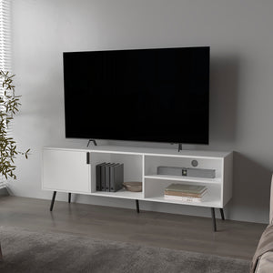 English Elm Mescal modern TV stand with concealed door and open shelving, conical legs, sleek storage center White 68.5 L x 20.9 W x 5.1 H B128P263710