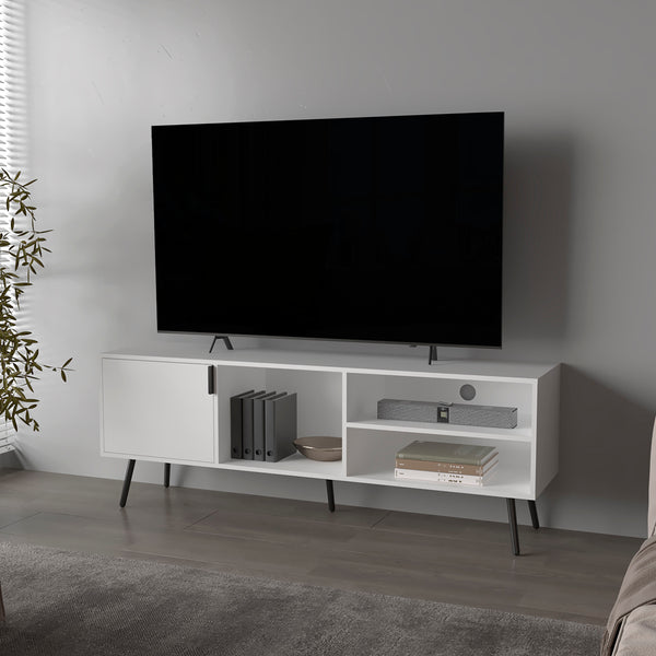 English Elm Mescal modern TV stand with concealed door and open shelving, conical legs, sleek storage center White 68.5 L x 20.9 W x 5.1 H B128P263710