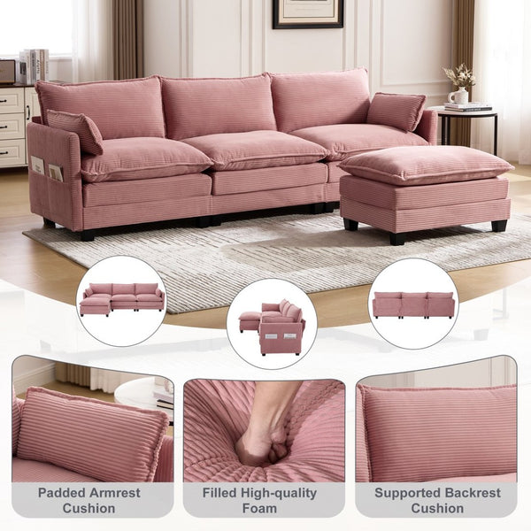 English Elm United We Win Modular Corduroy Sectional with Ottoman Low Profile Living Room Couch Pink W1568S00256