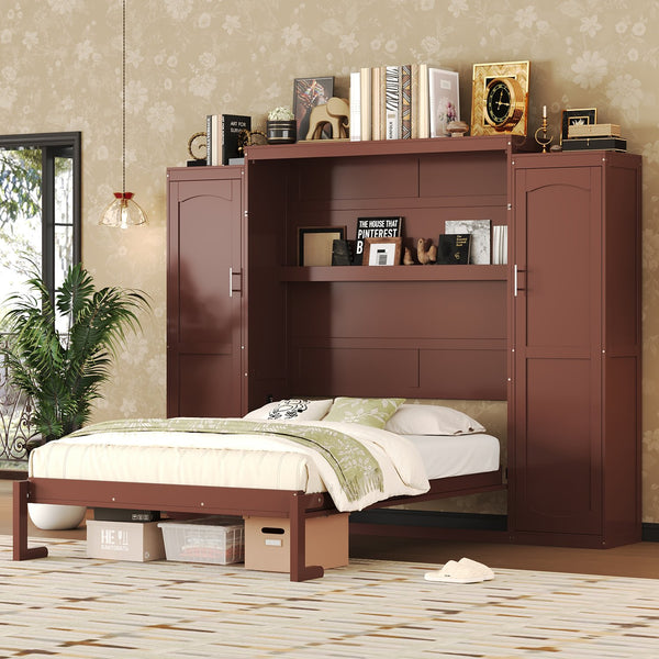 English Elm Full Full Size Murphy Bed with Two Wardrobes and Foldable Platform, Space-Saving Modern Guest Solution Walnut 84.9 L x 12 W x 7 H N733S235596D