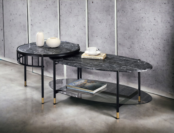 English Elm Silas 2-Piece Nesting Coffee Tables with Faux Marble Engineered Stone Tops, Black Metal Frame Durable B2726P251663