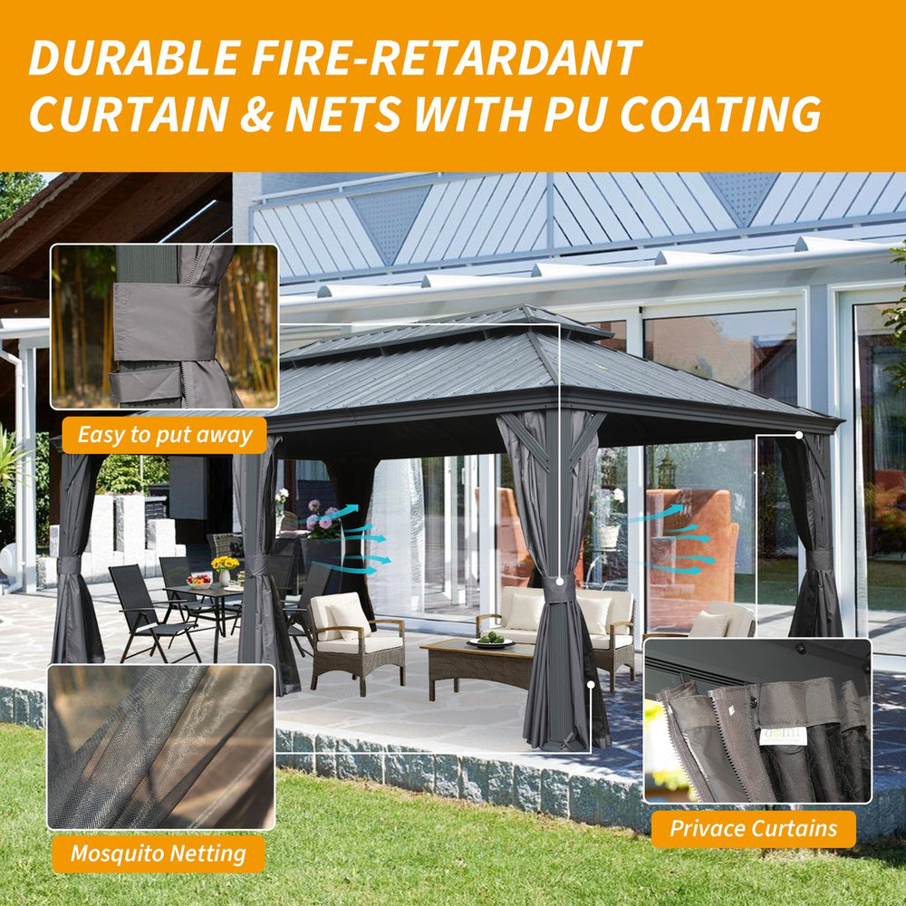 English Elm 12' X 20' Hardtop Gazebo - Durable Steel Roof, Insect Protection, Drainage & Privacy Curtains For Outdoor Fun W1859S00146