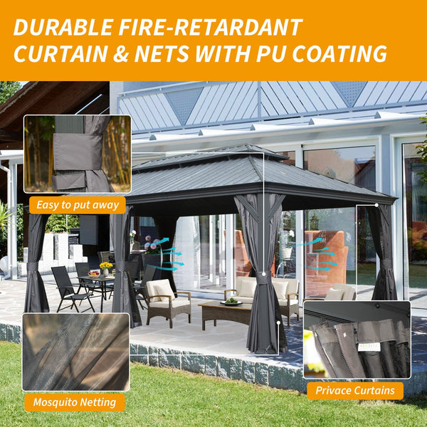 English Elm 12' X 20' Hardtop Gazebo - Durable Steel Roof, Insect Protection, Drainage & Privacy Curtains For Outdoor Fun W1859S00146