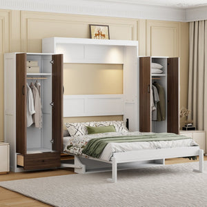 English Elm Full Size Murphy Wall Bed with Wardrobes Desk Drawers and Led Light in White LP000924AAK