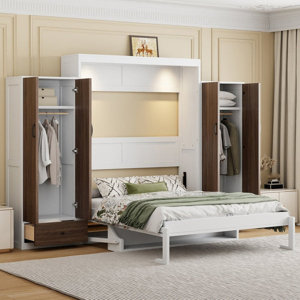 English Elm Full Size Murphy Wall Bed with Wardrobes Desk Drawers and Led Light in White LP000924AAK