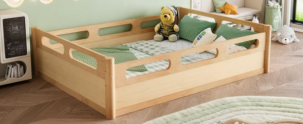 English Elm Twin Low Profile Floor Bed with Guardrails Pine Wood Frame Minimalist Bedroom Natural W1580P438793