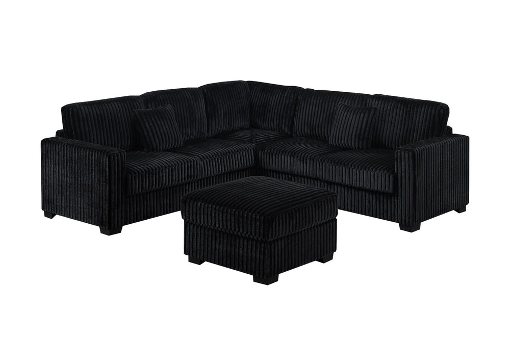 English Elm Black Jumbo Corduroy L-shaped Sectional Set with Ottoman for Modern Living Rooms B011S02202