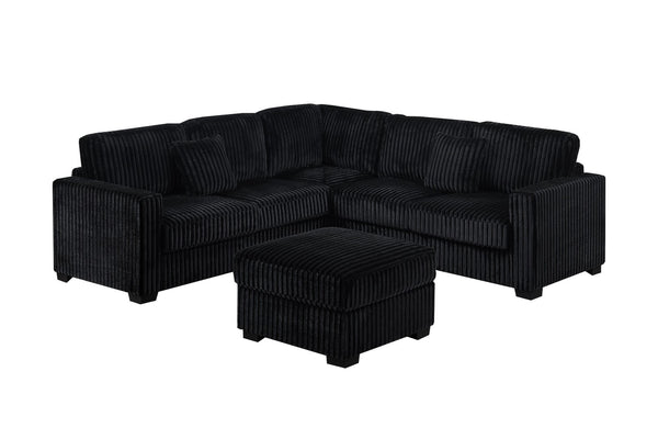 English Elm Black Jumbo Corduroy L-shaped Sectional Set with Ottoman for Modern Living Rooms B011S02202