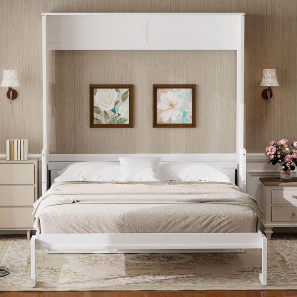 English Elm Queen Murphy Bed with Desk, Built-In LED Lights, USB Charging Ports & Space-Saving Modern Design White N7500004014K
