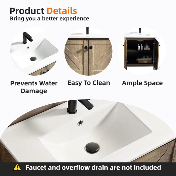English Elm 30 Inch Floating Bathroom Vanity Fluted Wood Grain Front with Ceramic Integrated Sink Antique Grey W3520S00032