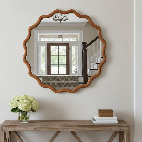 English Elm Yellowish Wavy 30" Round Solid Wood Frame Mirror with Tempered Glass — Rustic Elegant Vanity Accent W2203P389076