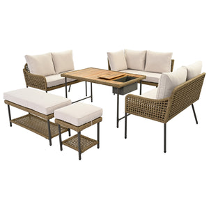 English Elm K&K 6-Piece Rope Patio L-Shaped Sectional Set with Acacia Wood Ice Box Table and Deep Cushions Beige+Brown N707S000014Z