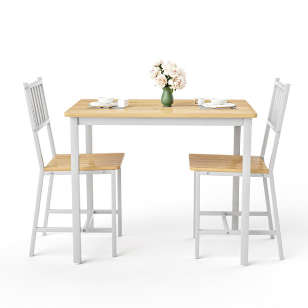 English Elm Dining Table Set 3 Piece Industrial Steel Frame with Melamine Top for Kitchen Nook White+Natural W1162P424923
