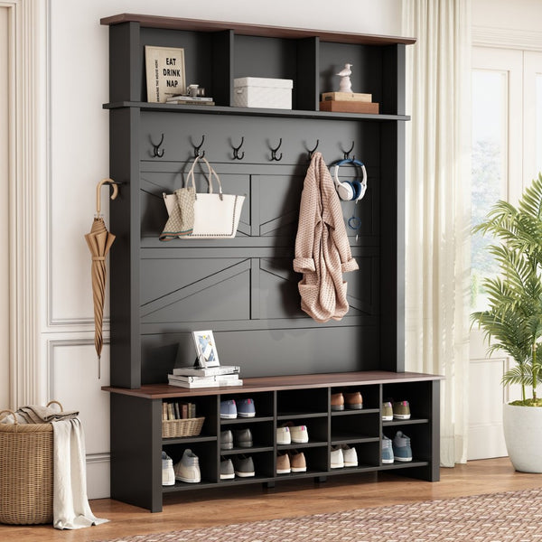 English Elm Farmhouse Hall Tree Entryway Organizer with Bench 16 Compartments and 6 Coat Hooks N721S000064B-1