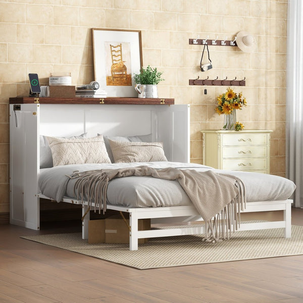 English Elm Murphy Cabinet Bed Full Pine Frame Built in Charging Station Drawer Studio Guest Room W504S00192