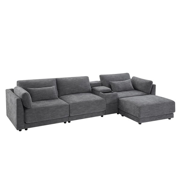 English Elm 124'' Modular Sectional Sofa: Reversible Chenille Couch With Storage, Ottoman & Usb Charger N723S9775E-GIGA