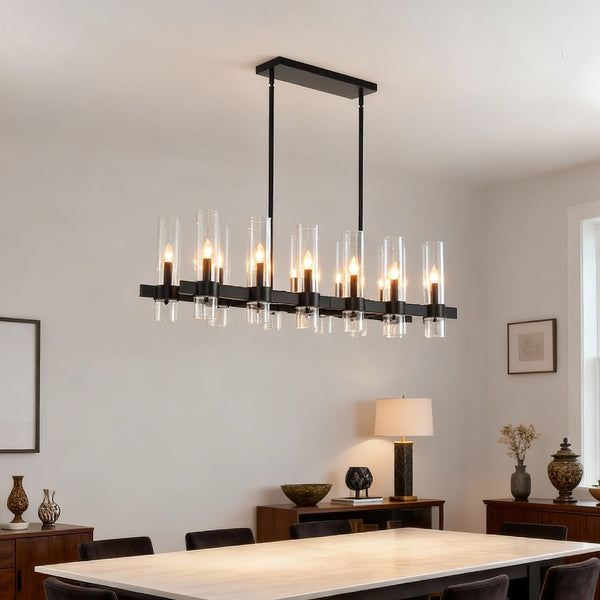 English Elm Black Linear Chandelier 12 Light Seeded Glass Farmhouse Fixture for Dining Rooms W5008P392744
