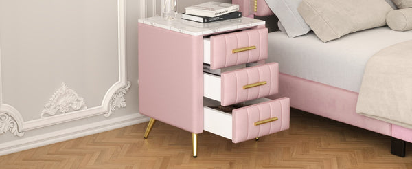 English Elm Upholstered Velvet Nightstand with Faux Marble Top Three Drawers and Slim Metal Legs Pink N733P208520H