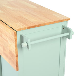 English Elm Kitchen Cart with Drop-Leaf Rubberwood Countertop, Rolling Island with Cabinet, Drawers & Racks for Dining Room - Stylish Durable Storage Solution Mint Green WF298028AAE