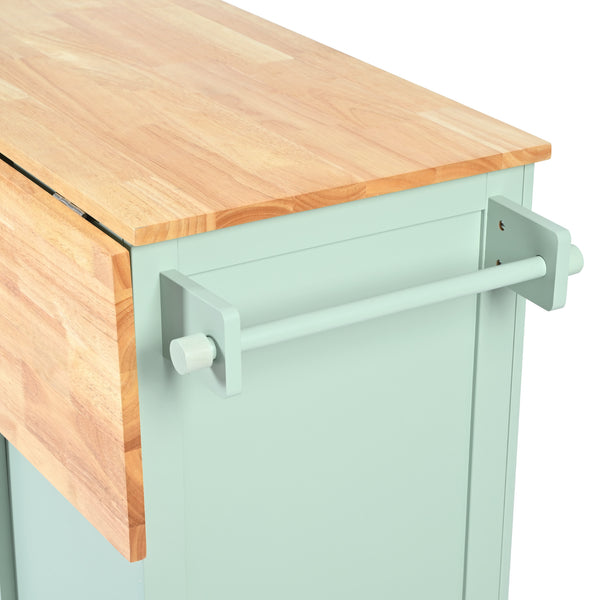 English Elm Kitchen Cart with Drop-Leaf Rubberwood Countertop, Rolling Island with Cabinet, Drawers & Racks for Dining Room - Stylish Durable Storage Solution Mint Green WF298028AAE