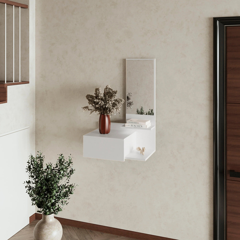 English Elm White Floating Vanity with Mirror, Wall-Mounted Space-Saving Shelf 36.2" H x 23.6" W, Modern White Finish B062P252163