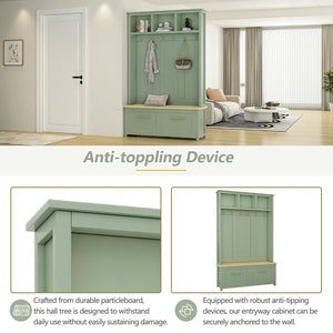 English Elm On-trend Entryway Hall Tree with Gold Hooks Bench Drawers and Shoe Cabinet Storage Mint Green N721S000056M-1