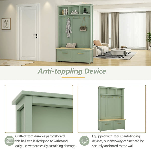 English Elm On-trend Entryway Hall Tree with Gold Hooks Bench Drawers and Shoe Cabinet Storage Mint Green N721S000056M-1