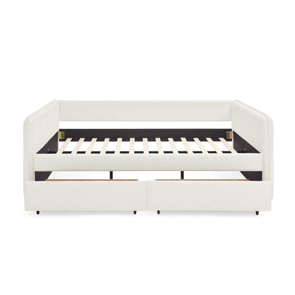 English Elm Daybed With Trundle And Storage Drawers, Upholstered In Beige Boucle, Queen Size For Stylish Comfort W1413S00074