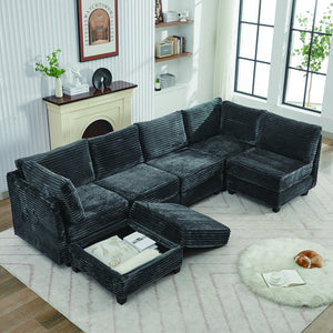 English Elm Corduroy Plush U-Shaped Sectional Sofa with Storage Ottoman, Pet-Friendly Durable Modular Comfort Grey W2915S00064