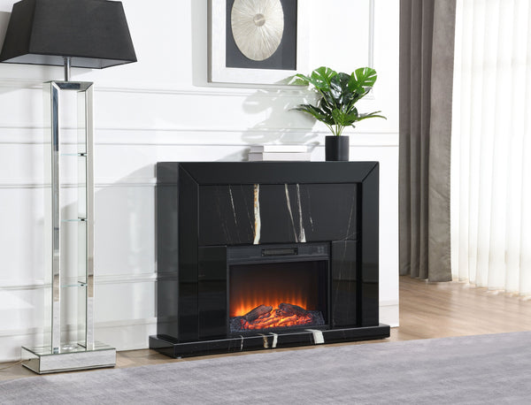 English Elm Drisana Black Mirrored Finish Fireplace - Marble Grain MDF, Tempered Glass, Firecore Heat Technology B2726P247239