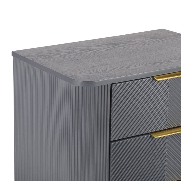 English Elm Mid-century Fluted 3 Drawer Nightstand with Gourd Legs and Gold Tone Handles for Bedroom Dark Gray N761P285712D