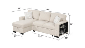English Elm Pinto Reversible Sectional Sofa with Sleeper, Storage Chaise, Drop-Down Tray, USB Ports, Shelves Beige B009S01472