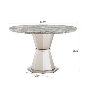 English Elm 47" Round Marble Dining Table - Stylish Faux Marble Top & Durable Stainless Steel Base For Any Space W3456S00004