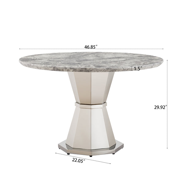 English Elm 47" Round Marble Dining Table - Stylish Faux Marble Top & Durable Stainless Steel Base For Any Space W3456S00004