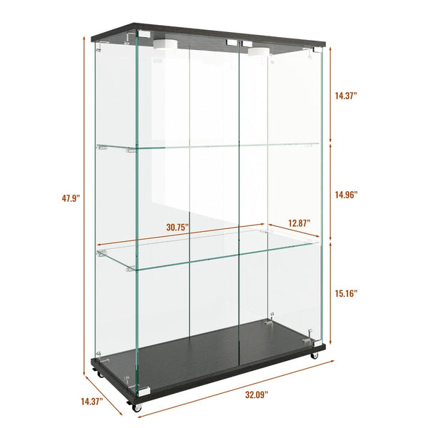 English Elm Modern Tempered Glass Display Cabinet with Led Lighting Three Shelf Living Room Showcase W241P400850