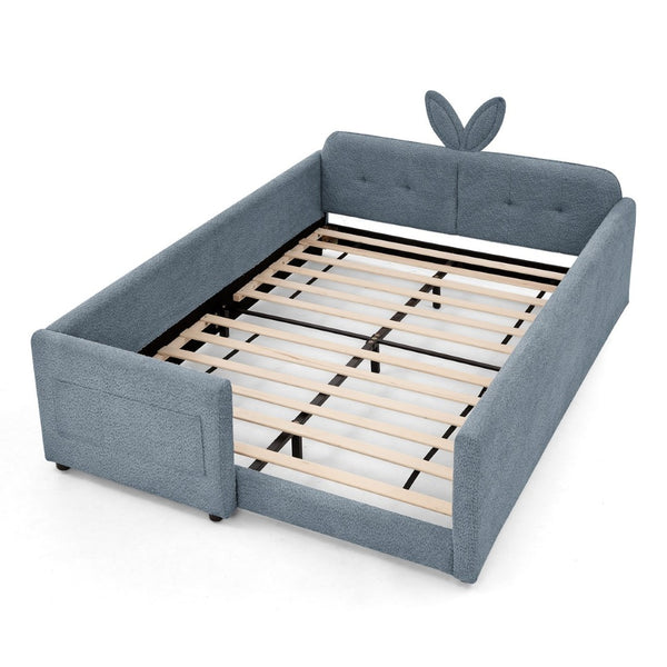 English Elm Full Size Boucle Platform Bed Whimsical Rabbit Ear Headboard with Safety Rail Sky Blue W1413S00137