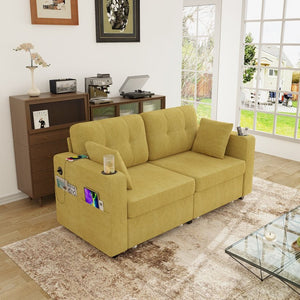 English Elm Sofas for Living Room Chenille Three Seat Couch with Usb Charging Storage and Cup Holder Mustard Yellow W395S00145